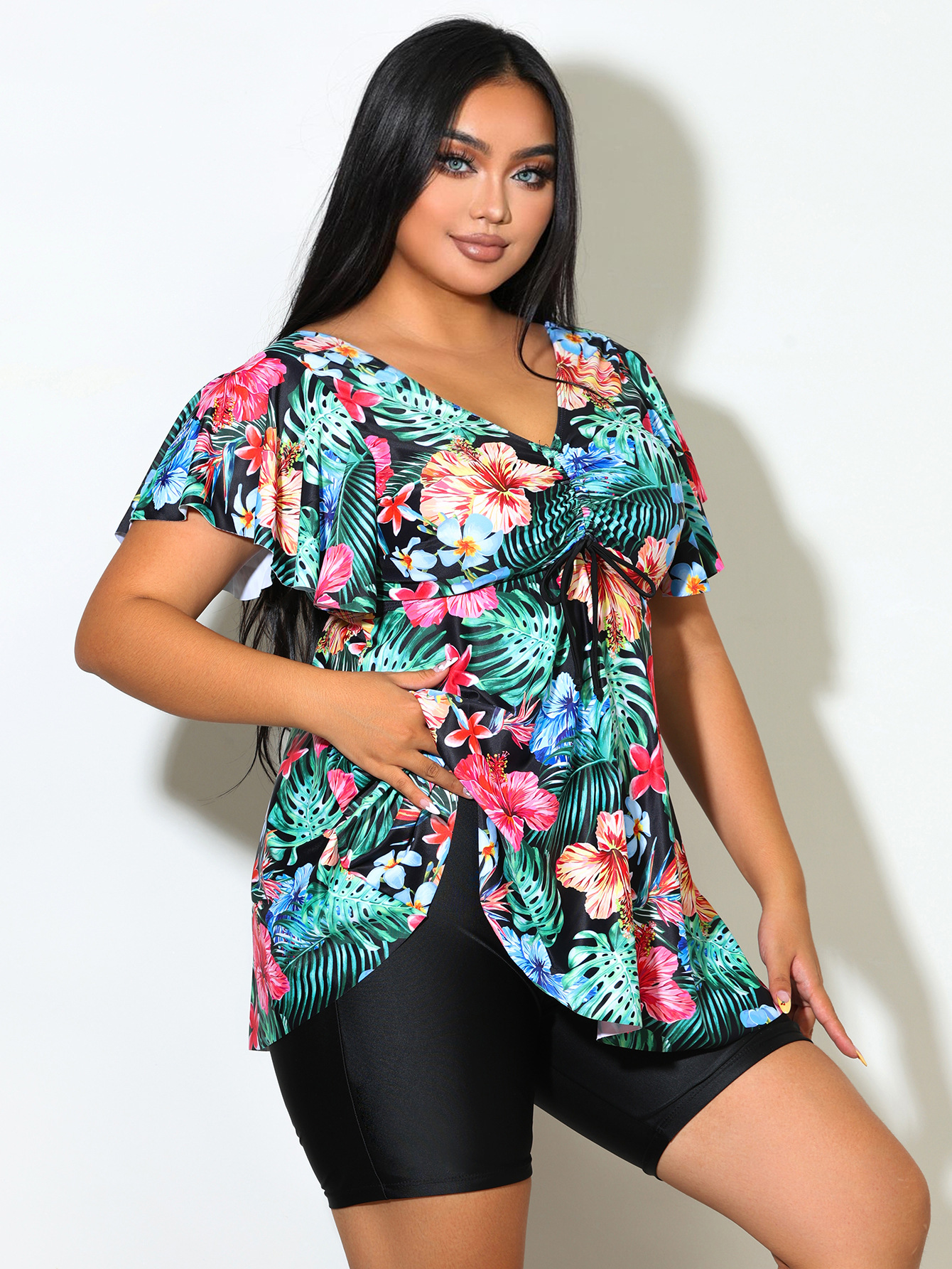 Plus Floral Print V-Neck Top With Drawstring And Boyshorts Black Swimwear Set